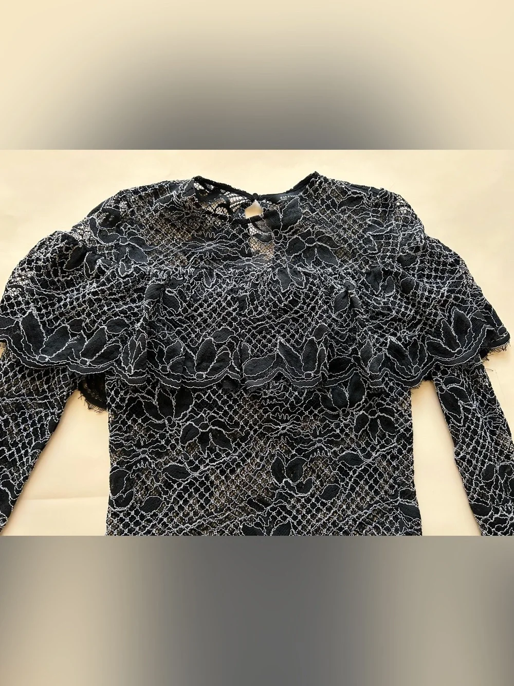 Zara Black Floral Lace Long-Sleeve Top with Ruffle Yoke size XS